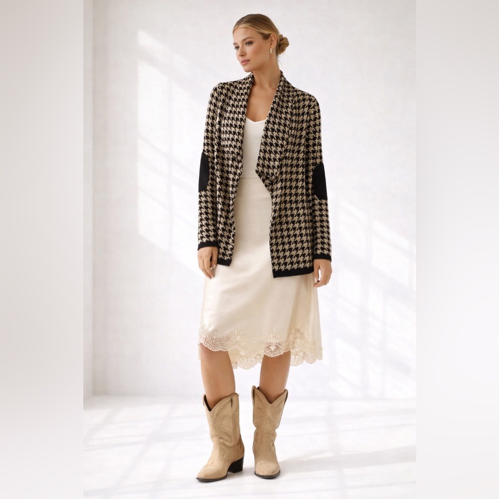Anthropologie Chic Houndstooth Cardigan Preppy Lagenlook Sweater Elbow Patch, S - Picture 10 of 11